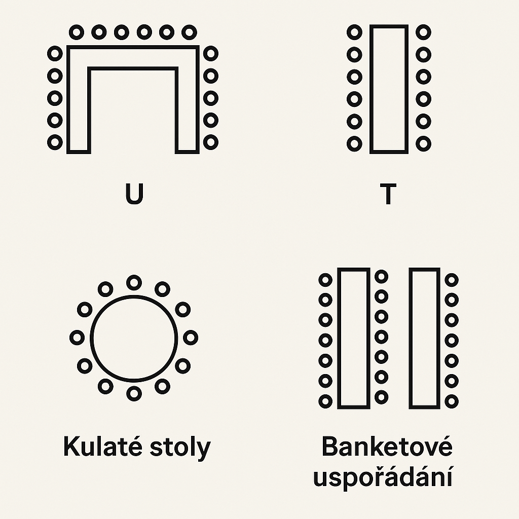 create graphic representation of seating arrangements for weddings, including U-shape, T-shape, round tables, and banquet style